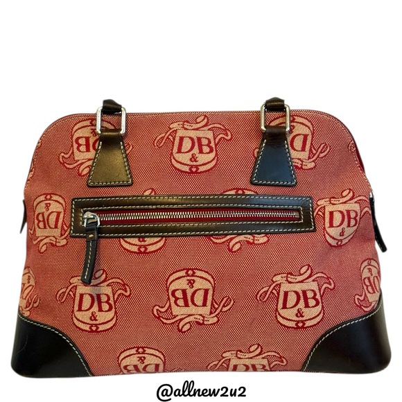 Dooney & Bourke Donegal Crest Dome Satchel Red and Cream W / Dk Brown Leather